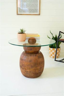 Carved Round Mango Table Base w/Glass Top