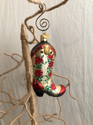 Poinsettia Cowboy Boots Glass Ornament