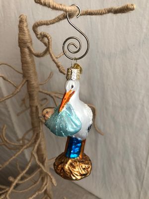 Stork w/Boy Baby Glass Ornament