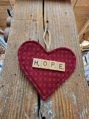 Fabric Red Heart Ornament-Scrabble Hope 5.5&quot; x 5&quot;T
