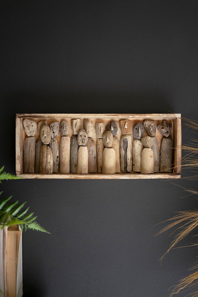 Carved Driftwood Figures in Framed Shadowbox