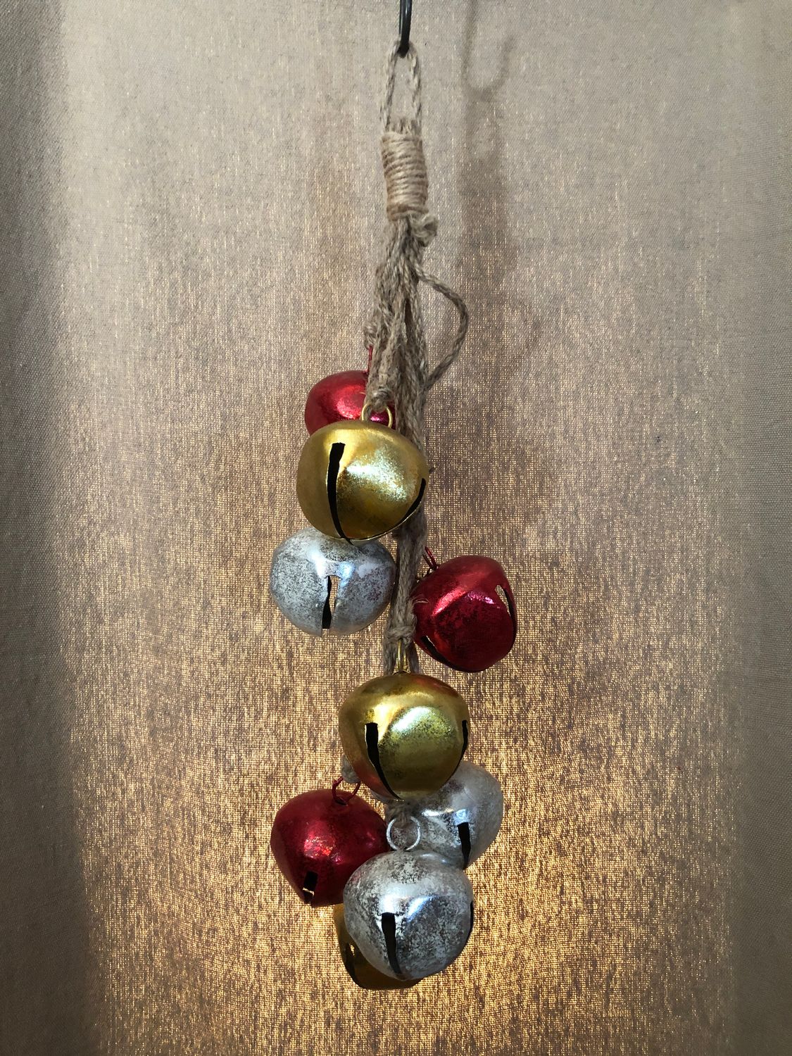 Red, Silver & Gold Bells on Jute Rope Red, Silver & Gold Bells on Jute Rope