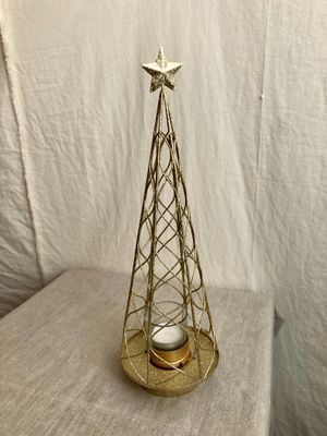 Metal Gold Glitter Cone Tree w/Tea Light Lg Metal Gold Glitter Cone Tree w/Tea Light Lg