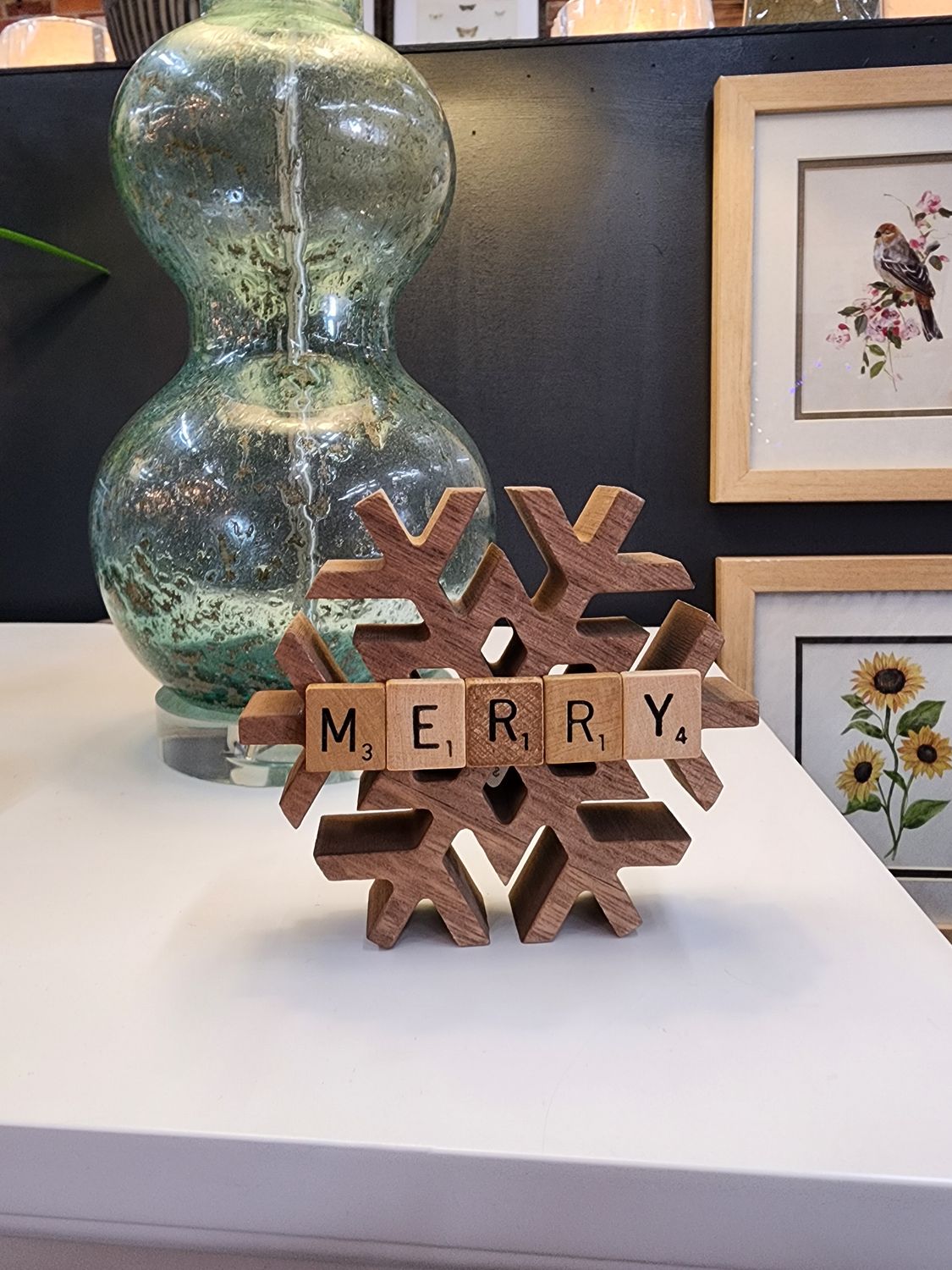 Merry Scrabble Wooden Snowflake Décor 5&quot;L x 4.5&quot;H