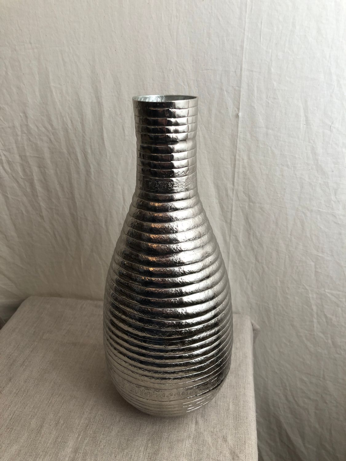 Tall Silver Ribbed Metal Vase Lg