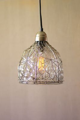 Caged Glass Pendant Lamp w/Brushed Nickel Cap &amp; Canopy