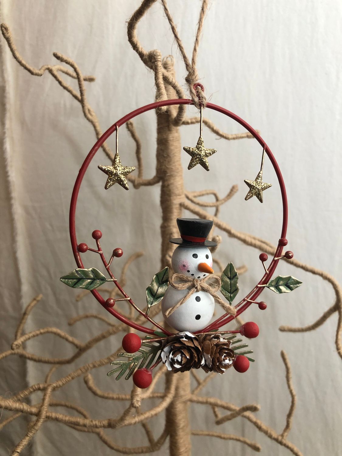 Metal Snowman on Red Wreath Ornament