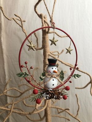 Metal Snowman on Red Wreath Ornament