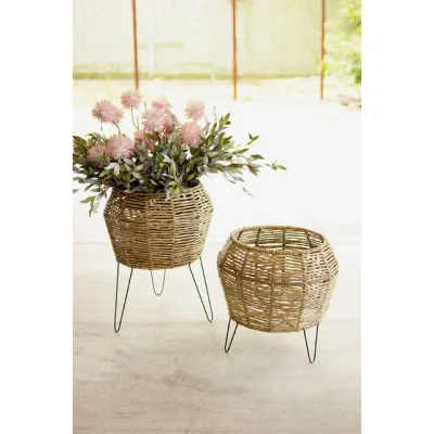 Round Seagrass Planters on Iron Stand Sm