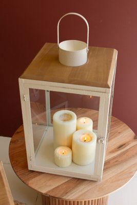 Metal &amp; Wood Lantern with Glass Sides Lg