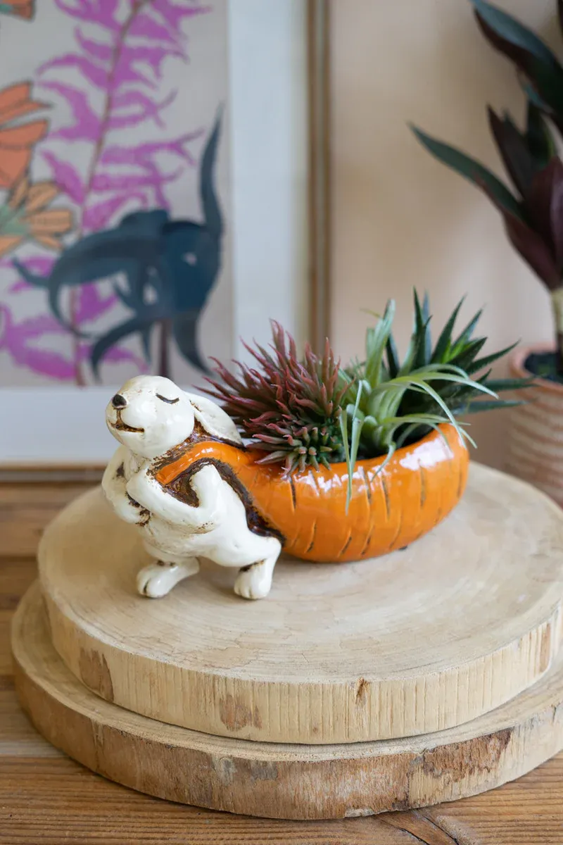Ceramic Rabbit Pulling a Carrot Planter