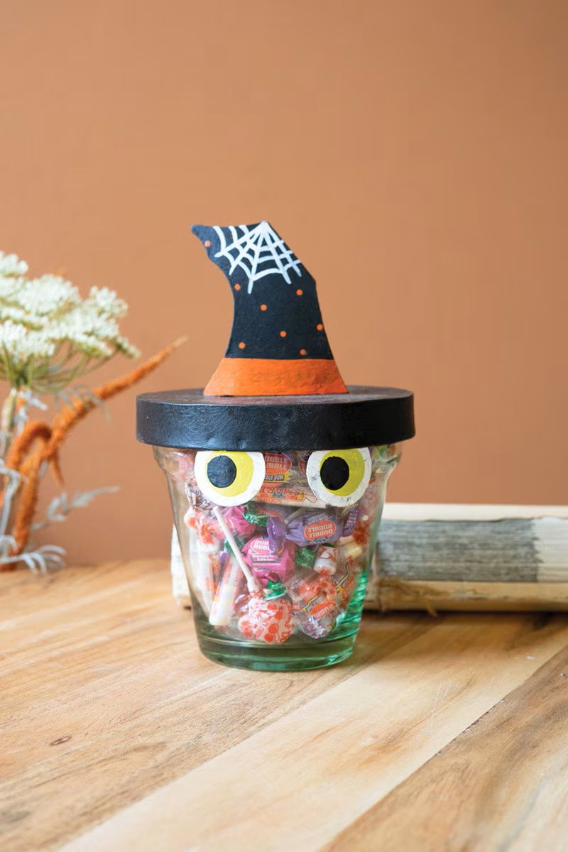 Painted Metal Witch Hat w/Glass Pot