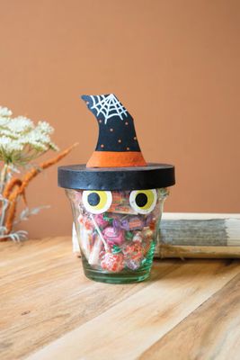 Painted Metal Witch Hat w/Glass Pot