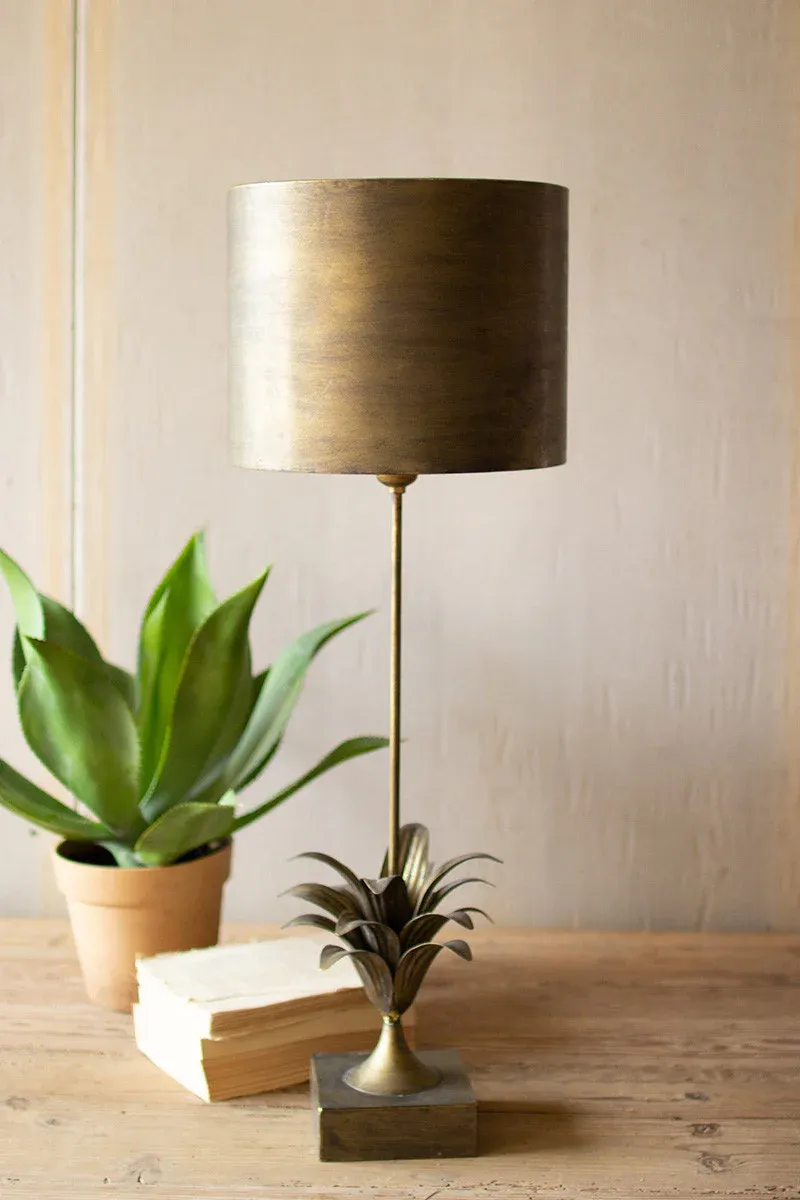Antique Gold Metal Table Lamp w/Leaf Accent &amp; Metal Shade