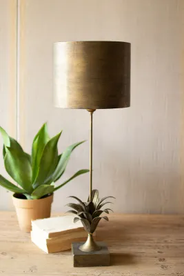 Antique Gold Metal Table Lamp w/Leaf Accent &amp; Metal Shade