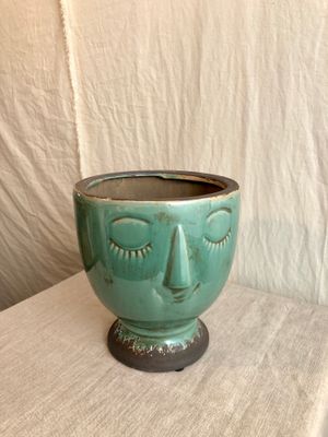 Ceramic Face Planter Teal 7&quot; x 7.5&quot;T