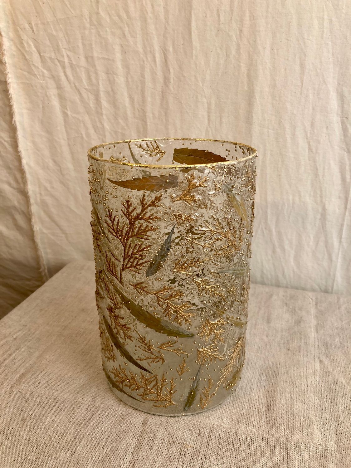 Gold Leaf &amp; Beads Glass Hurricane Candle Holder Sm
