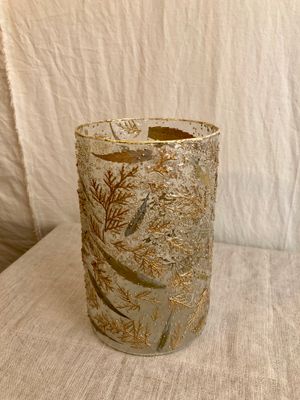 Gold Leaf &amp; Beads Glass Hurricane Candle Holder Sm