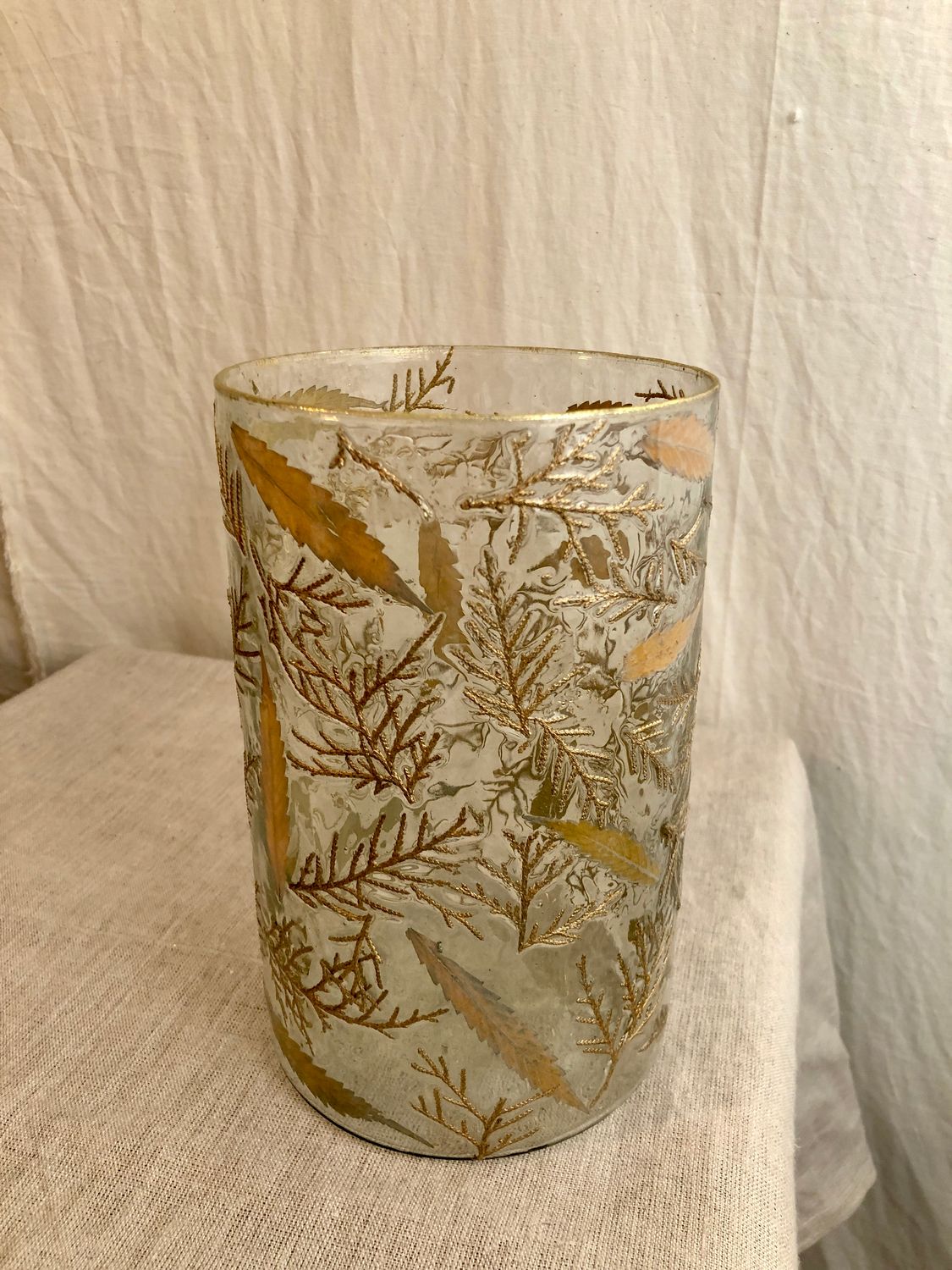 Gold Leaf Glass Hurricane Candle Holder Sm
