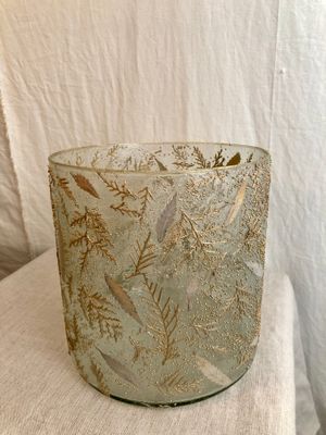 Gold Leaf &amp; Beads Glass Hurricane Candle Holder Lg