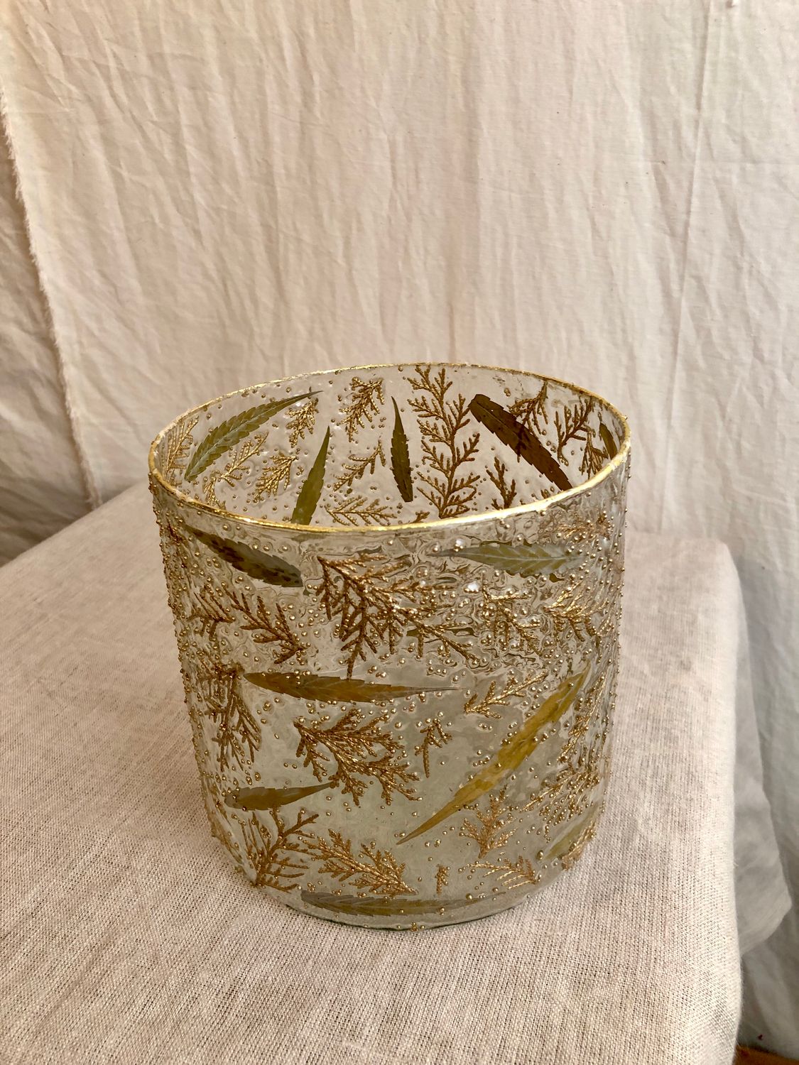 Gold Leaf &amp; Beads Glass Hurricane Candle Holder Med