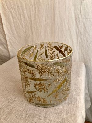 Gold Leaf &amp; Beads Glass Hurricane Candle Holder Med