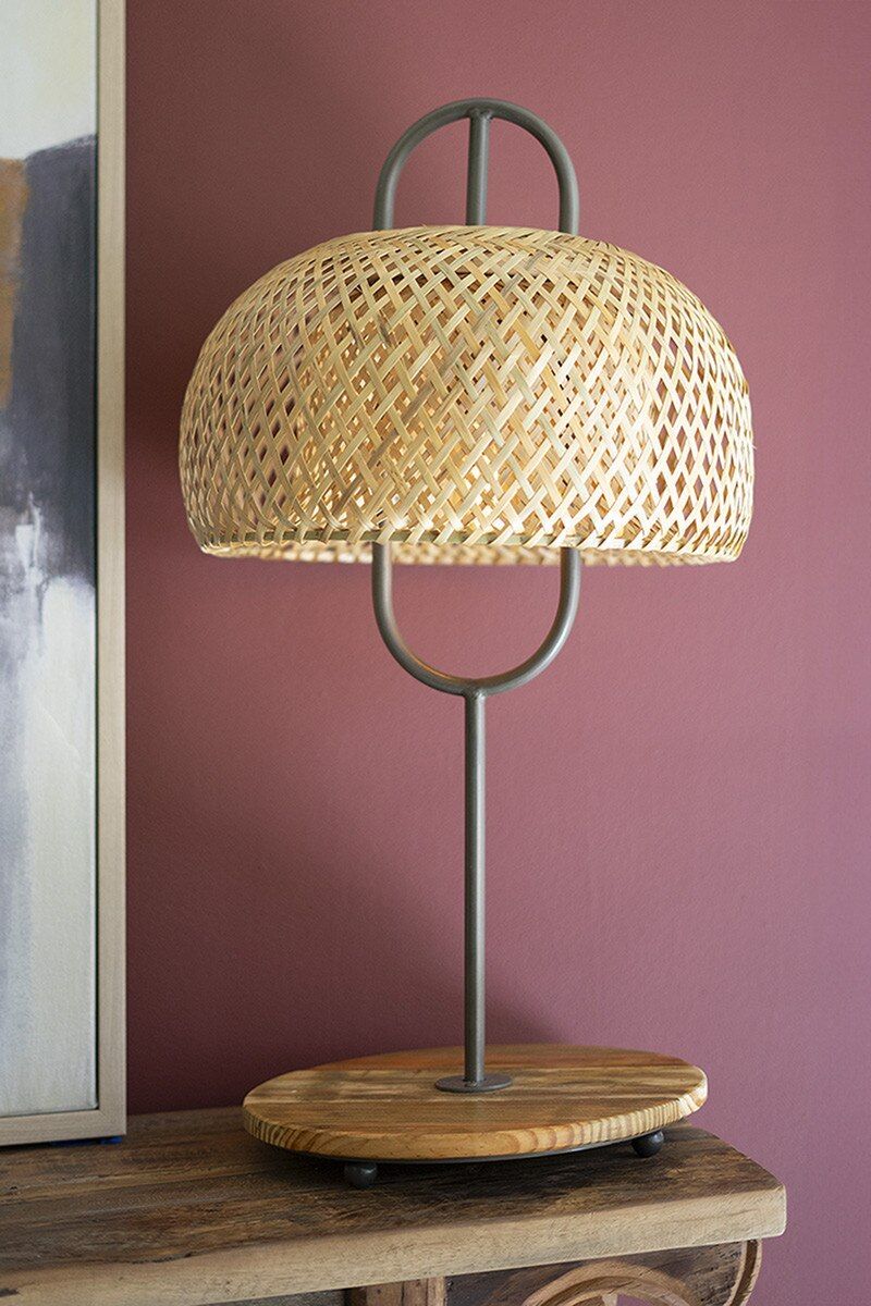 Metal &amp; Wood Table Lamp w/Woven Cane Lamp Shade