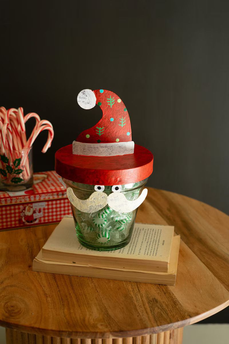 Painted Metal Santa Hat w/Glass Pot