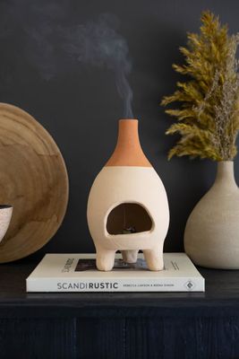 Ivory-Dipped Tabletop Clay Chiminea Incense Burner/Candleholder