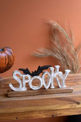 Painted Wooden Spooky w/Bat on a Base
