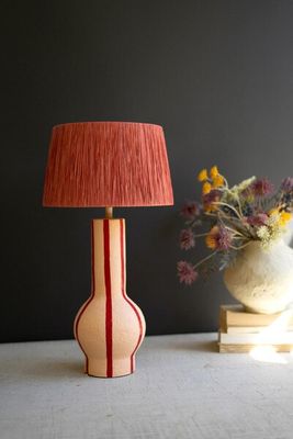 Red &amp; White Paper Mache Table Lamp w/Red Raffia Shade