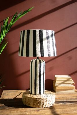 Striped Black &amp; White Paper Mache Table Lamp w/Shade