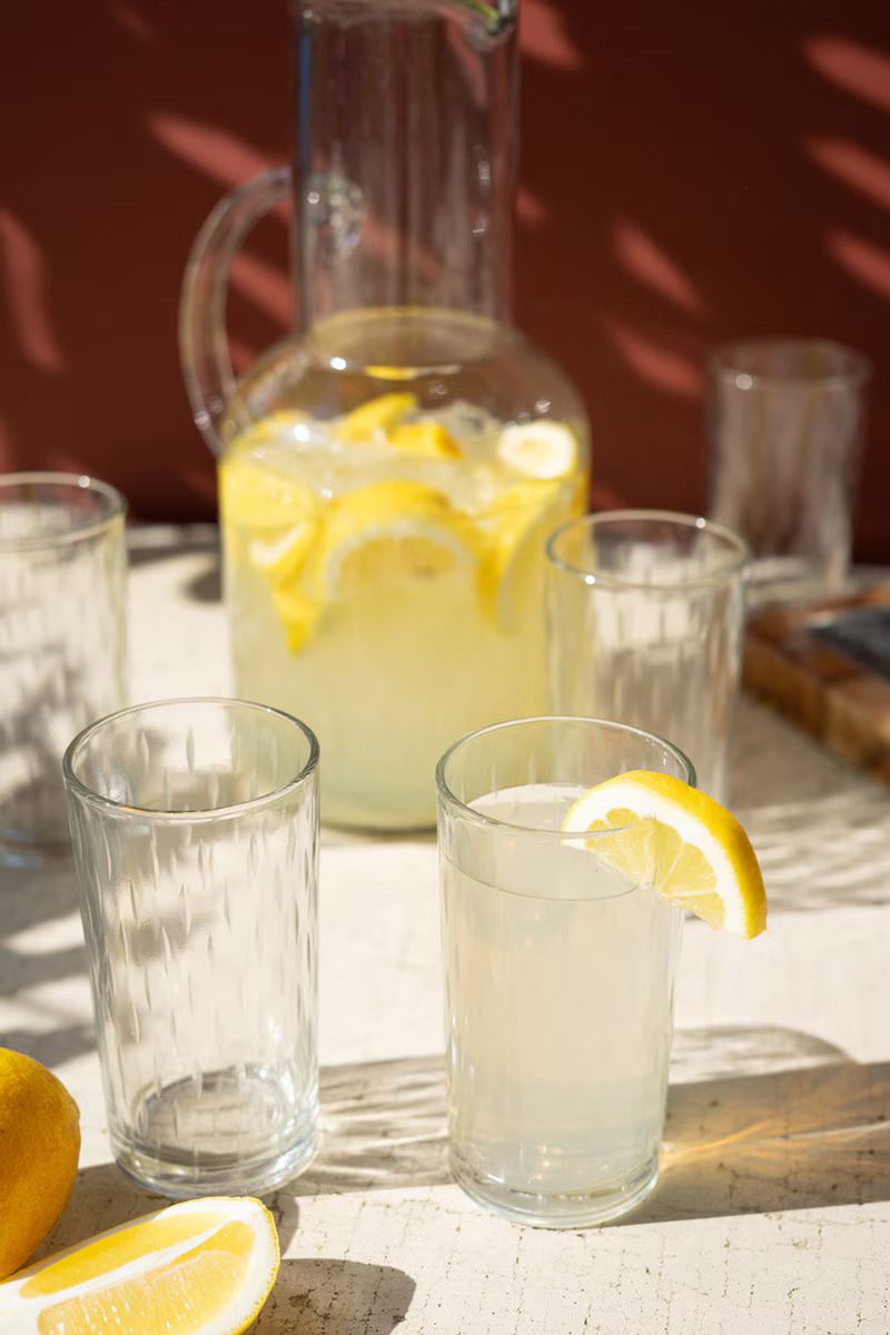 Clear Glass Pitcher &amp; 6 Water Glasses w/Etching
