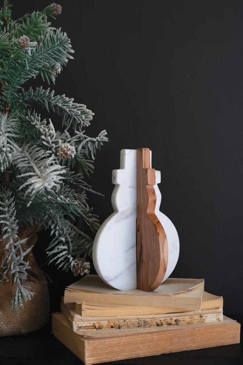 White Marble &amp; Acacia Wood Snowman