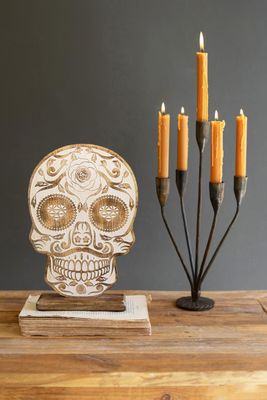 Carved Wooden Halloween Table Top Skull