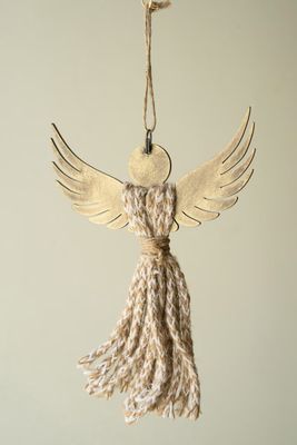 Antiqued Wood &amp; Jute Angel Ornament