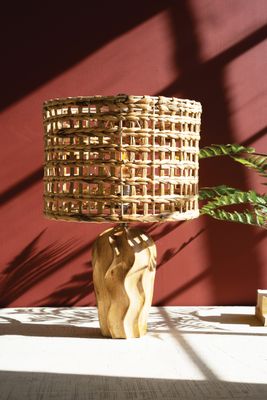 Carved Wood Table Lamp w/Water Hyacinth Shade