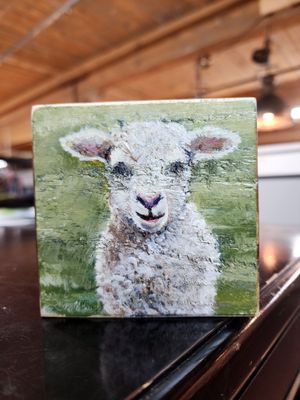 Repurposed Wood Block - Sheep - 4&quot; x 4&quot;