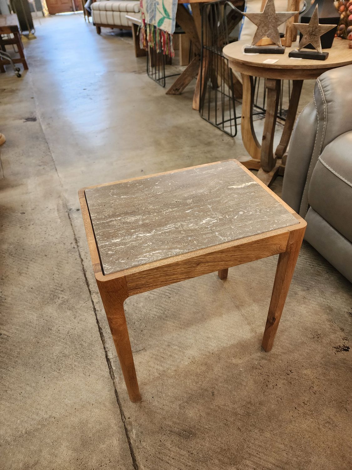 Nesting Acacia Wood Accent Table w/Titanium Travertine Top Sm