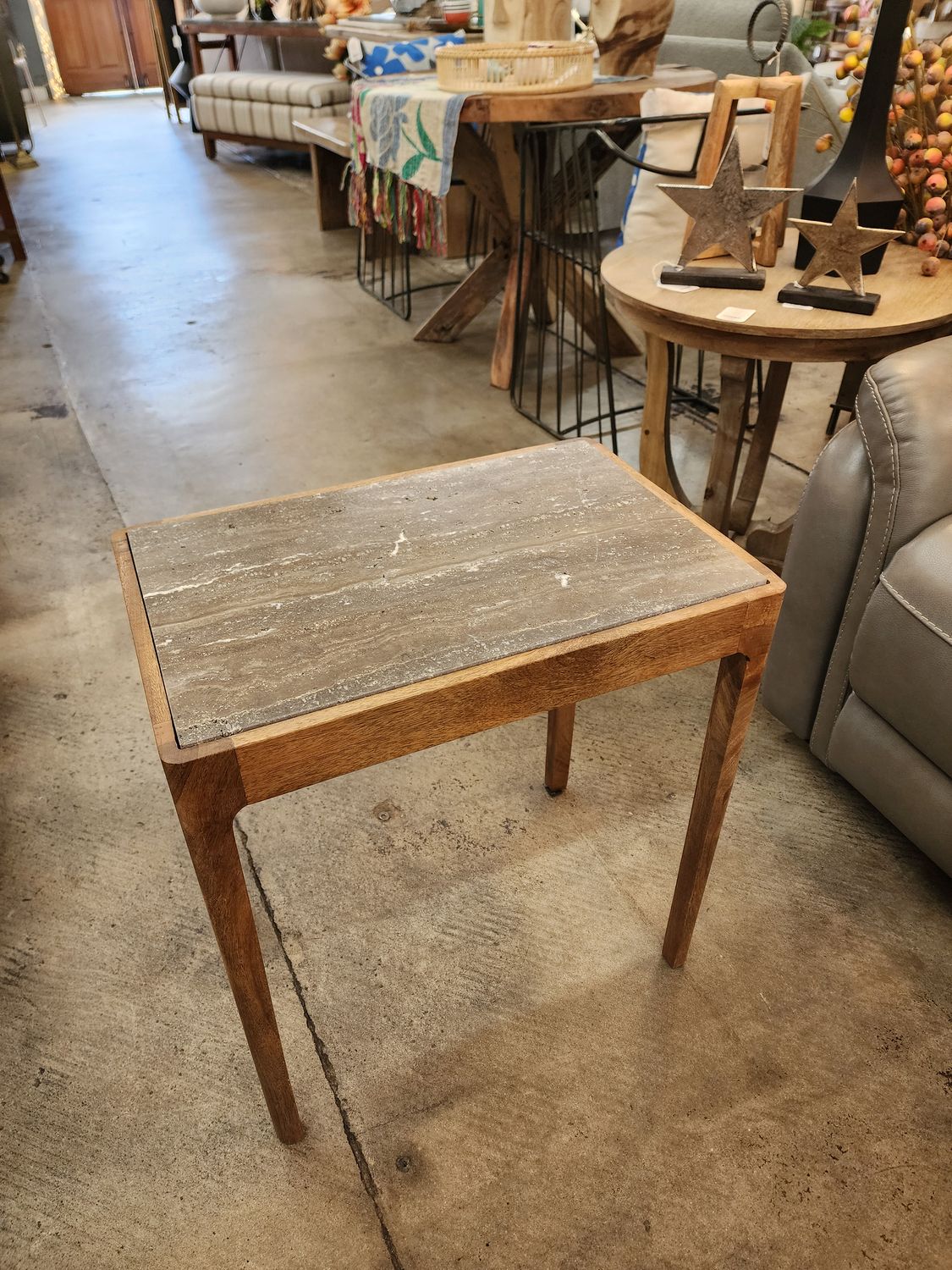 Nesting Acacia Wood Accent Table w/Titanium Travertine Top Lg