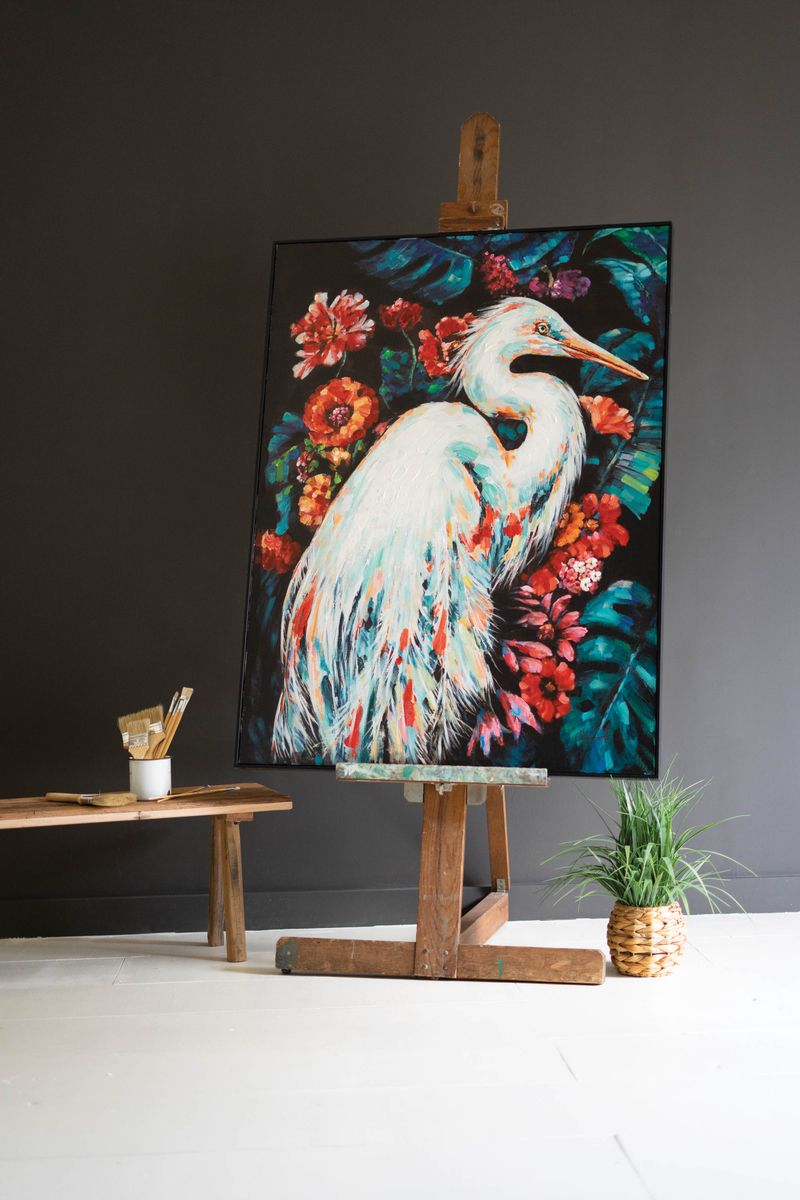 Framed Oil Painting - Heron w/Flowers