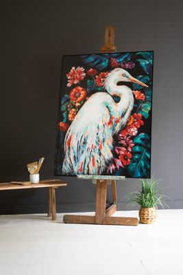 Framed Oil Painting - Heron w/Flowers