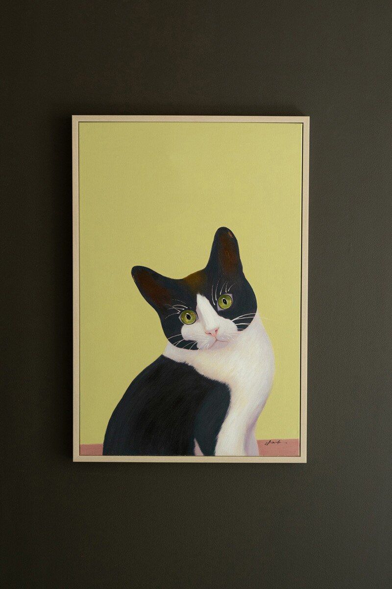 Framed Painting - Black &amp; White Cat