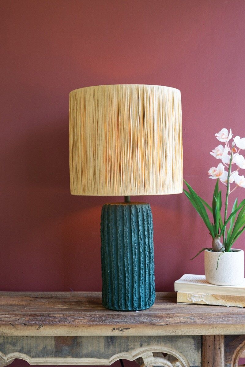 Grey Paper Mache Lamp Base w/Natural Raffia Shade