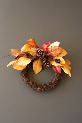 Fall Faux Dried Magnolia Leaves &amp; Pine Cones Wreath