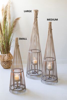 Grey Rattan Lantern w/Glass Insert Lg