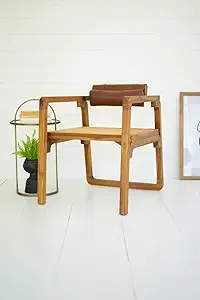 Bent Teak Arm Chair w/Woven Seat &amp; Leather Pad Back