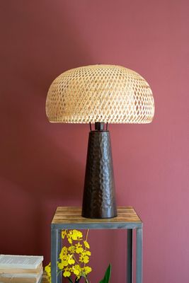 Hammered Metal Table Lamp w/Woven Cane Shade