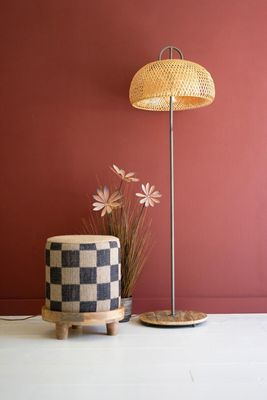 Metal &amp; Wood Floor Lamp w/Woven Cane Lamp Shade