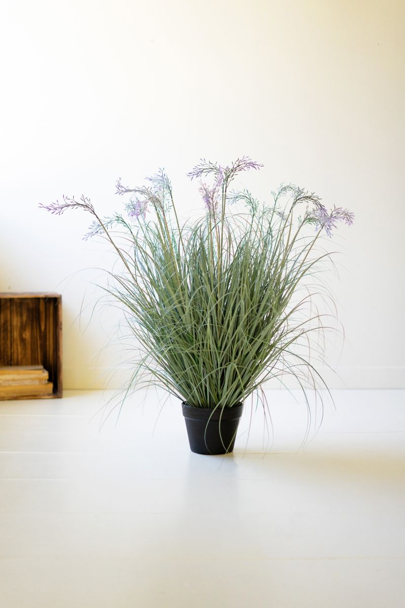 Artificial Grass w/Flowers in a Black Plastic Pot